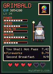Pixel-art trading card: Grimbald the Grey. Power 8, speed 7, stealth 4, brains 9, luck 6 out of 10. Item: Crystal Orb.