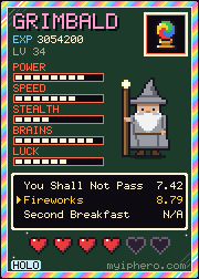 Pixel-art trading card, Holo Edition: Grimbald the Grey. Power 8, speed 7, stealth 4, brains 9, luck 6 out of 10. Item: Crystal Orb.