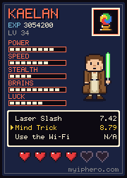 Pixel-art trading card: Kaelan the Laser Knight. Power 8, speed 7, stealth 4, brains 9, luck 6 out of 10. Item: Crystal Orb.