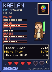 Pixel-art trading card, Midnight Edition: Kaelan the Laser Knight. Power 8, speed 7, stealth 4, brains 9, luck 6 out of 10. Item: Crystal Orb.