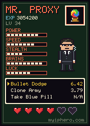 Pixel-art trading card: Mr. Proxy. Power 8, speed 7, stealth 4, brains 9, luck 6 out of 10. Item: Crystal Orb.