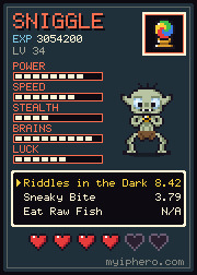 Pixel-art trading card: Sniggle of the Caves. Power 8, speed 7, stealth 4, brains 9, luck 6 out of 10. Item: Crystal Orb.