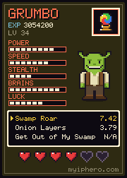 Pixel-art trading card: Grumbo of the Swamp. Power 8, speed 7, stealth 4, brains 9, luck 6 out of 10. Item: Crystal Orb.