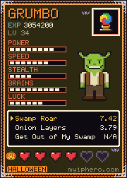 Pixel-art trading card, Halloween Edition: Grumbo of the Swamp. Power 8, speed 7, stealth 4, brains 9, luck 6 out of 10. Item: Crystal Orb.