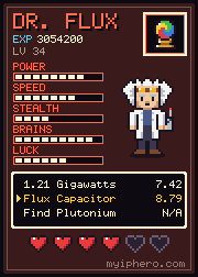 Pixel-art trading card: Dr. Flux. Power 8, speed 7, stealth 4, brains 9, luck 6 out of 10. Item: Crystal Orb.
