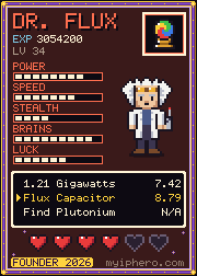 Pixel-art trading card, Founder Edition: Dr. Flux. Power 8, speed 7, stealth 4, brains 9, luck 6 out of 10. Item: Crystal Orb.