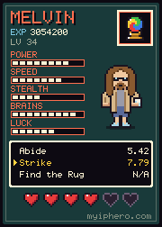 Pixel-art trading card: Mellow Melvin. Power 8, speed 7, stealth 4, brains 9, luck 6 out of 10. Item: Crystal Orb.