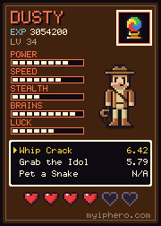 Pixel-art trading card: Dusty the Relic Hunter. Power 8, speed 7, stealth 4, brains 9, luck 6 out of 10. Item: Crystal Orb.