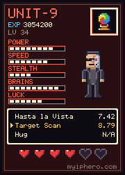 Pixel-art trading card: Unit-9 the Unstoppable. Power 8, speed 7, stealth 4, brains 9, luck 6 out of 10. Item: Crystal Orb.