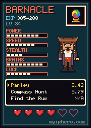 Pixel-art trading card: Captain Barnacle. Power 8, speed 7, stealth 4, brains 9, luck 6 out of 10. Item: Crystal Orb.