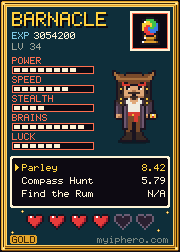 Pixel-art trading card, Gold Edition: Captain Barnacle. Power 8, speed 7, stealth 4, brains 9, luck 6 out of 10. Item: Crystal Orb.