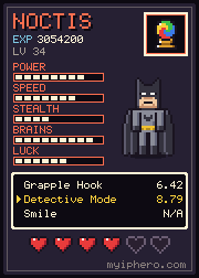 Pixel-art trading card: Noctis the Night Watcher. Power 8, speed 7, stealth 4, brains 9, luck 6 out of 10. Item: Crystal Orb.