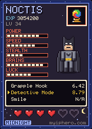 Pixel-art trading card, Midnight Edition: Noctis the Night Watcher. Power 8, speed 7, stealth 4, brains 9, luck 6 out of 10. Item: Crystal Orb.