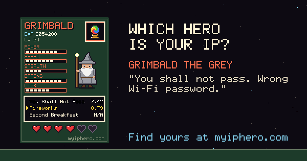 I built a site that turns your IP address into a pixel-art trading card (with stats based on your ac